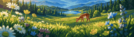 A deer grazing in the meadow below the mountains